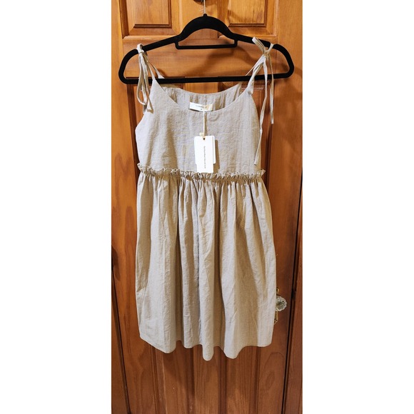 Commense Dresses & Skirts - Commense Tan Cotton Linen Tie Shoulder Ruffle Empire Waist Mini Dress NWT Size M